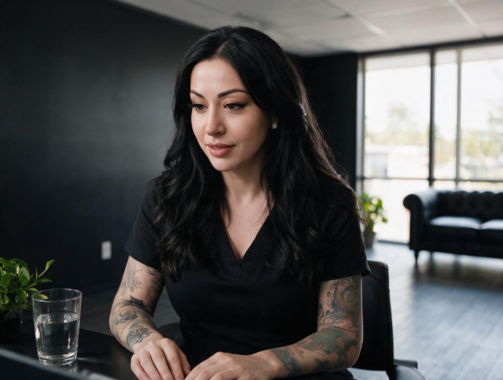 Woman with long dark hair and arm tattoos in a black top sits at a desk in a dark studio with a sofa and windows behind.