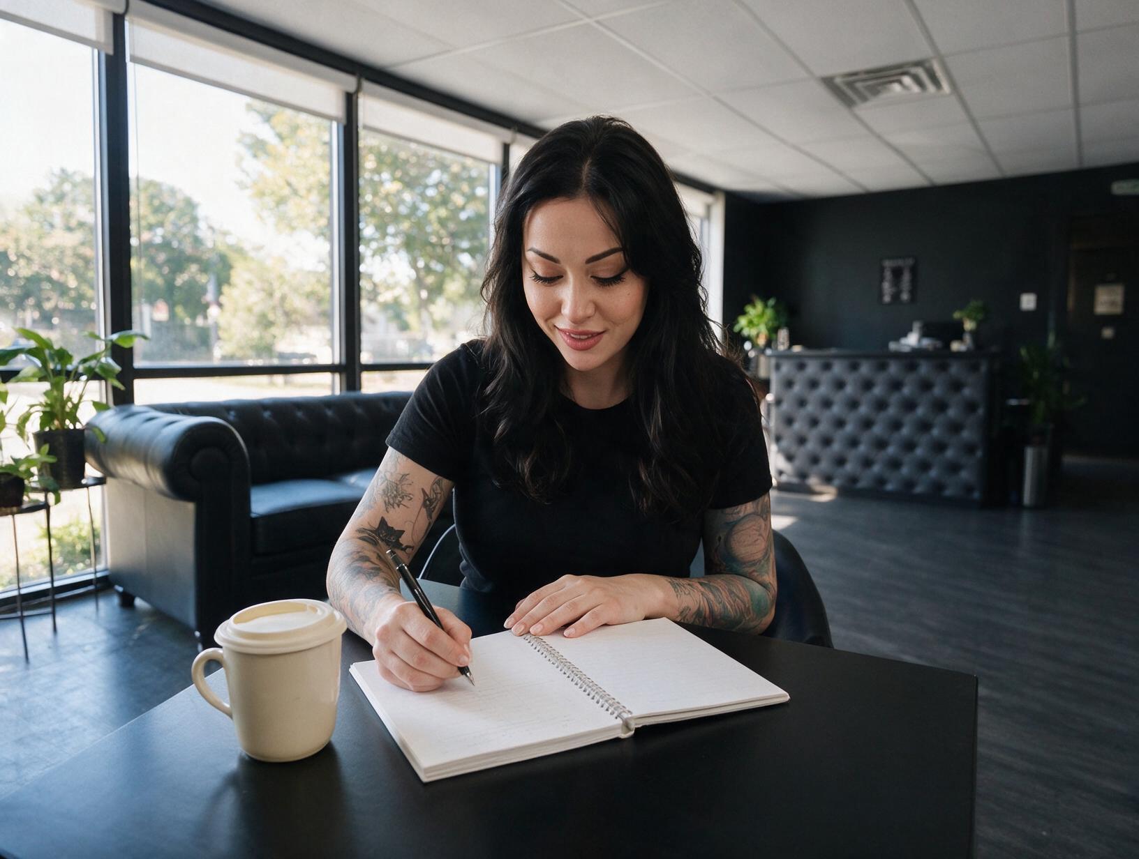 Woman writing in notebook at desk in modern clinic with natural window light