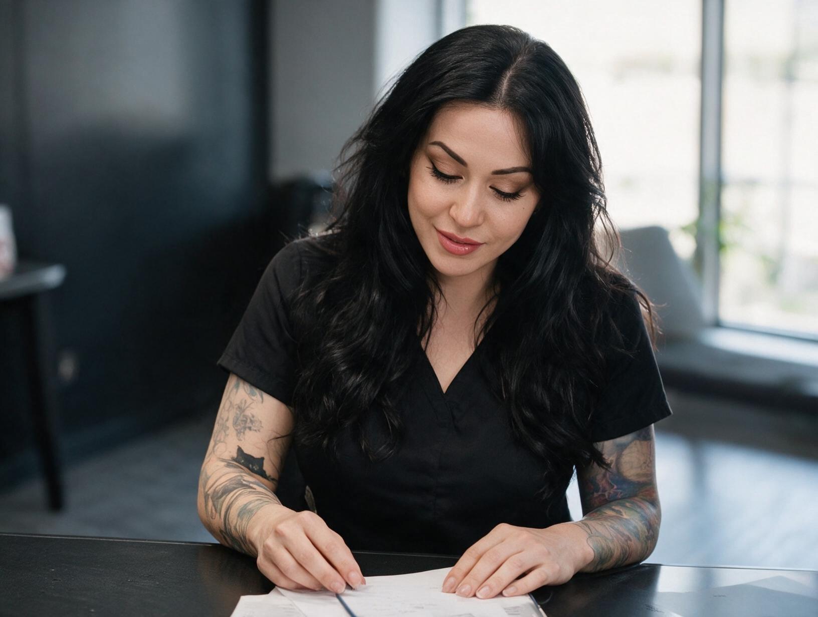 Woman with long black hair and tattooed arms, in a black top, smiles as she looks down at papers on a dark desk by a window.