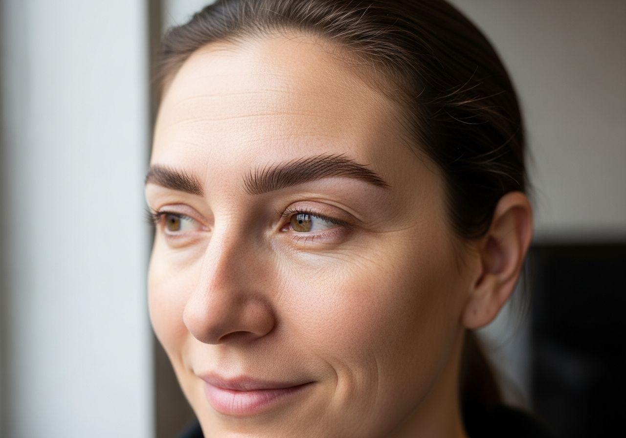 Close-up of a woman's face in profile light with defined dark brown eyebrows, brown eyes and hair pulled back