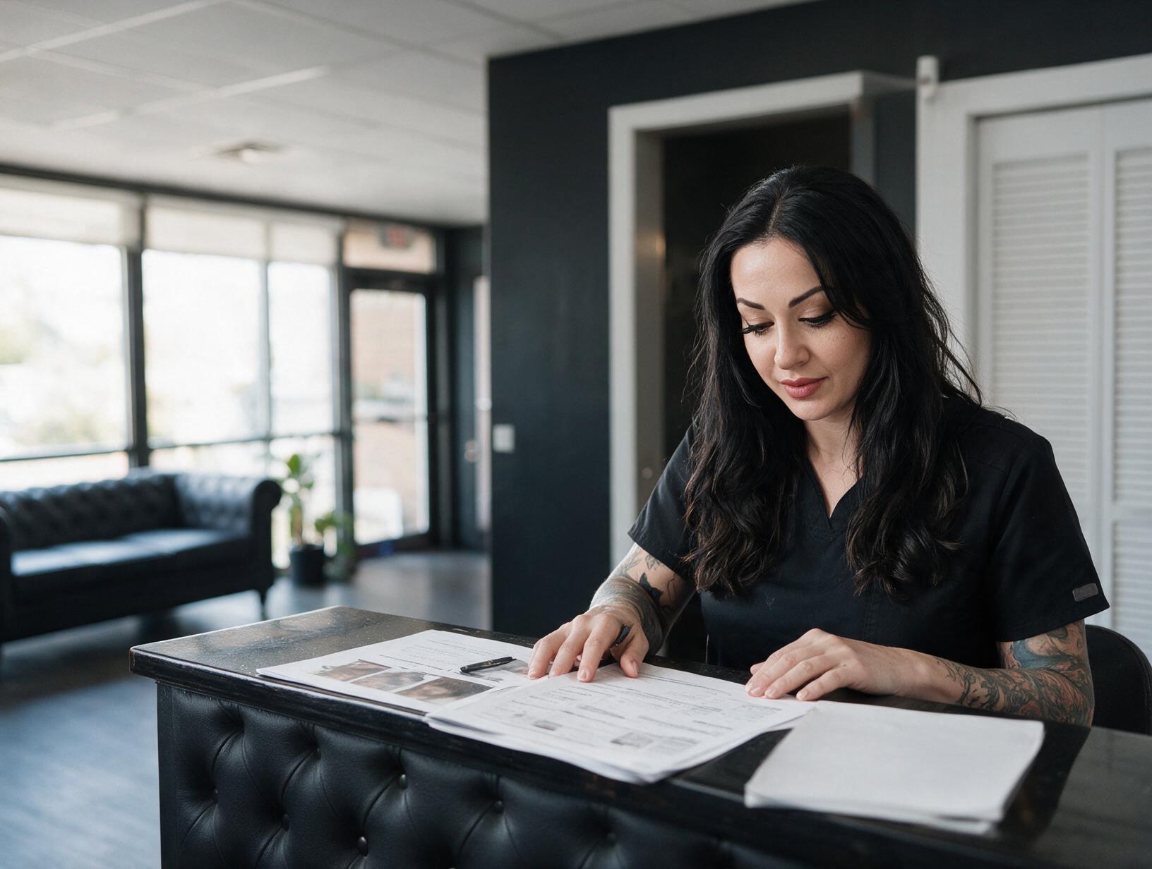 Woman with long dark hair and tattooed arms in black scrubs looks down at papers on a black desk in a bright room.
