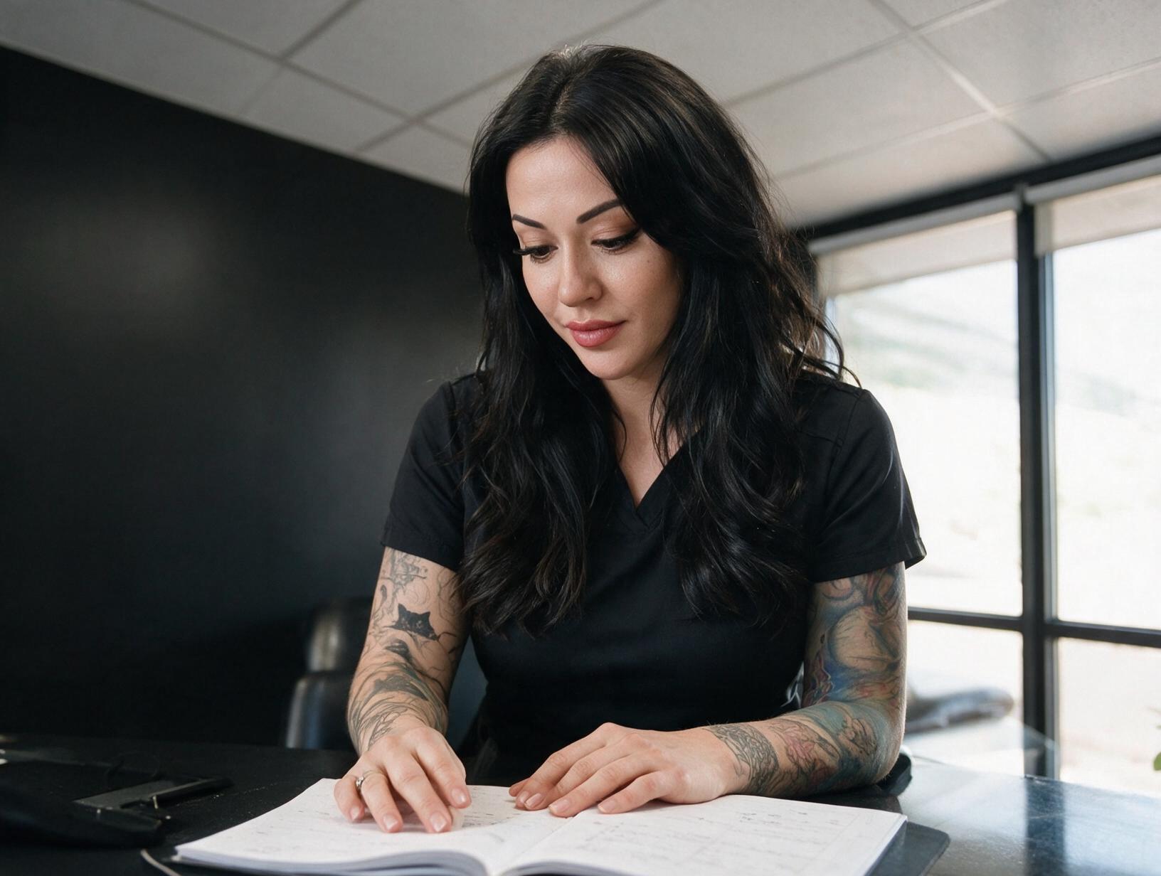 Dark-haired tattooed woman in a black scrub top looks down at an open notebook on a dark desk beside a bright window.