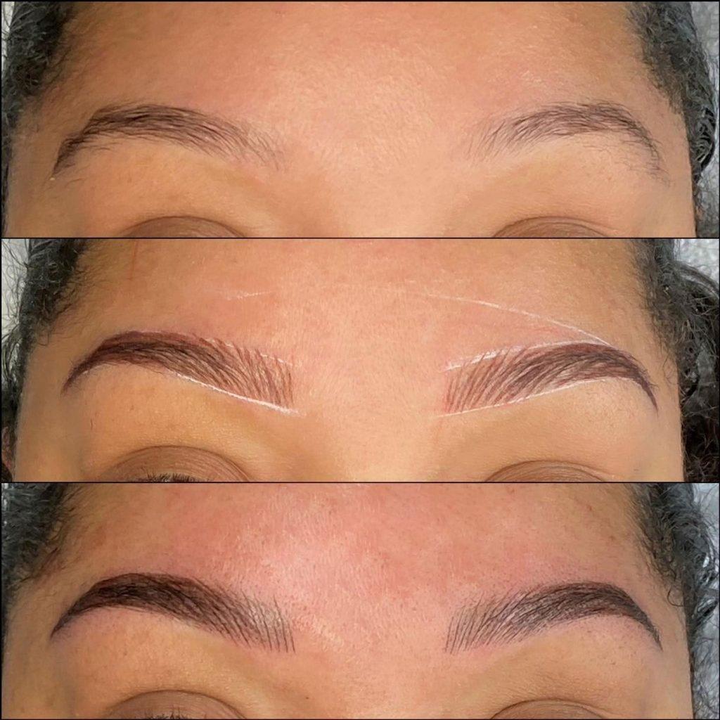 Three-stage eyebrow collage: sparse natural brows, fresh hair-stroke microblading with outline marks