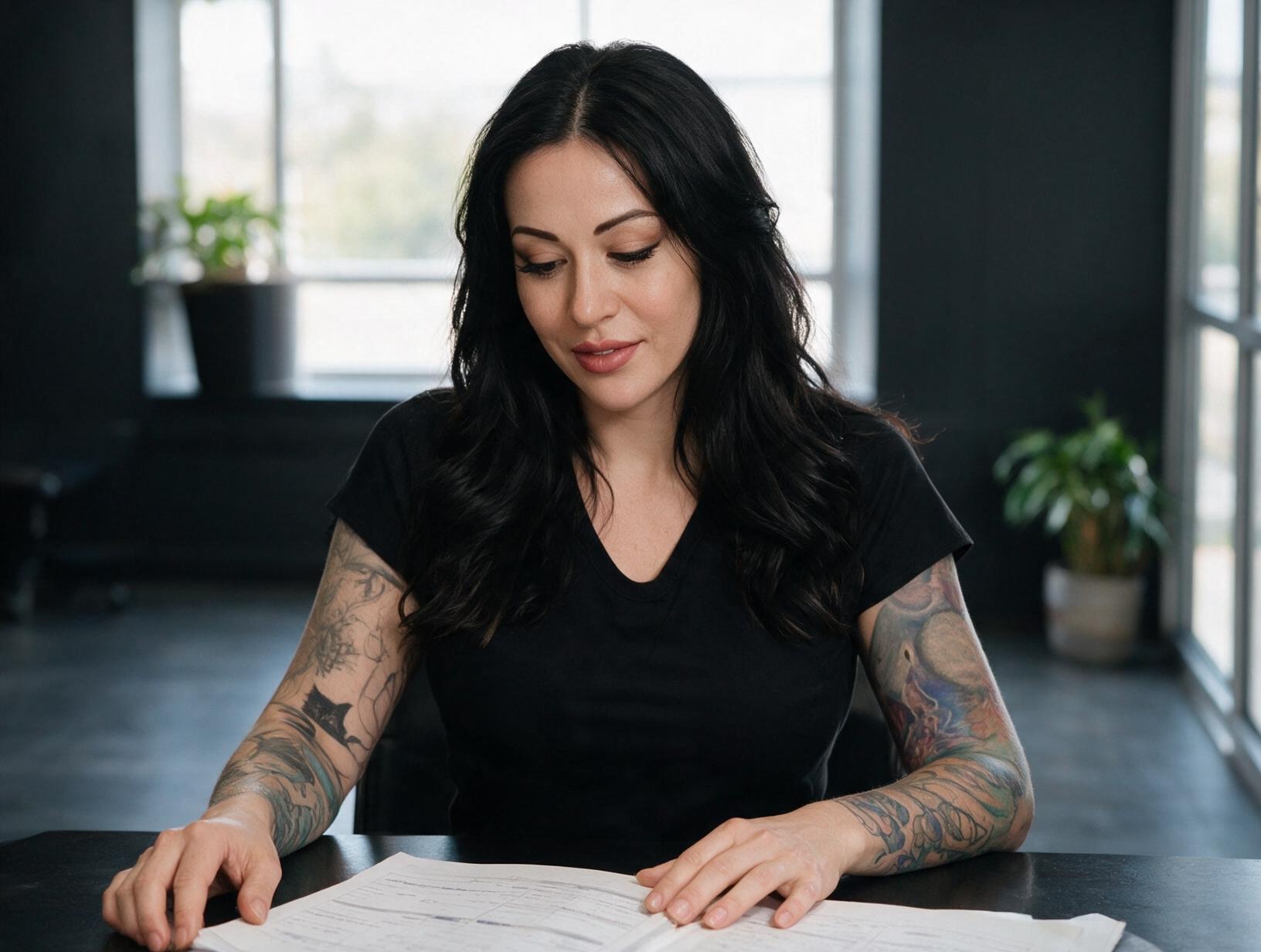 Woman with long black hair and tattooed arms in a black top sits at a dark desk looking down at papers
