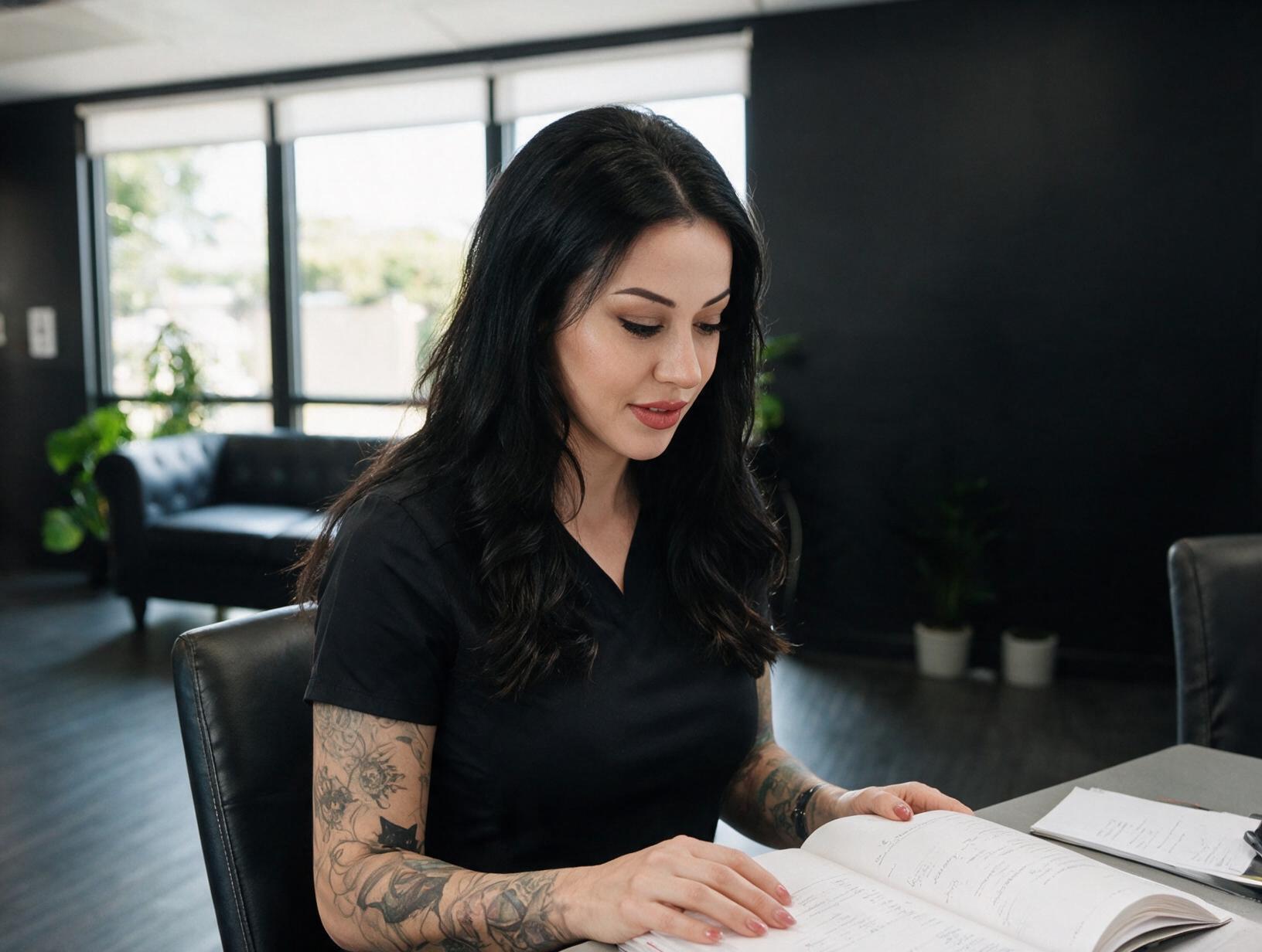 Woman with long dark wavy hair and arm tattoos, in a black scrub top, reads an open book at a desk by a bright window.