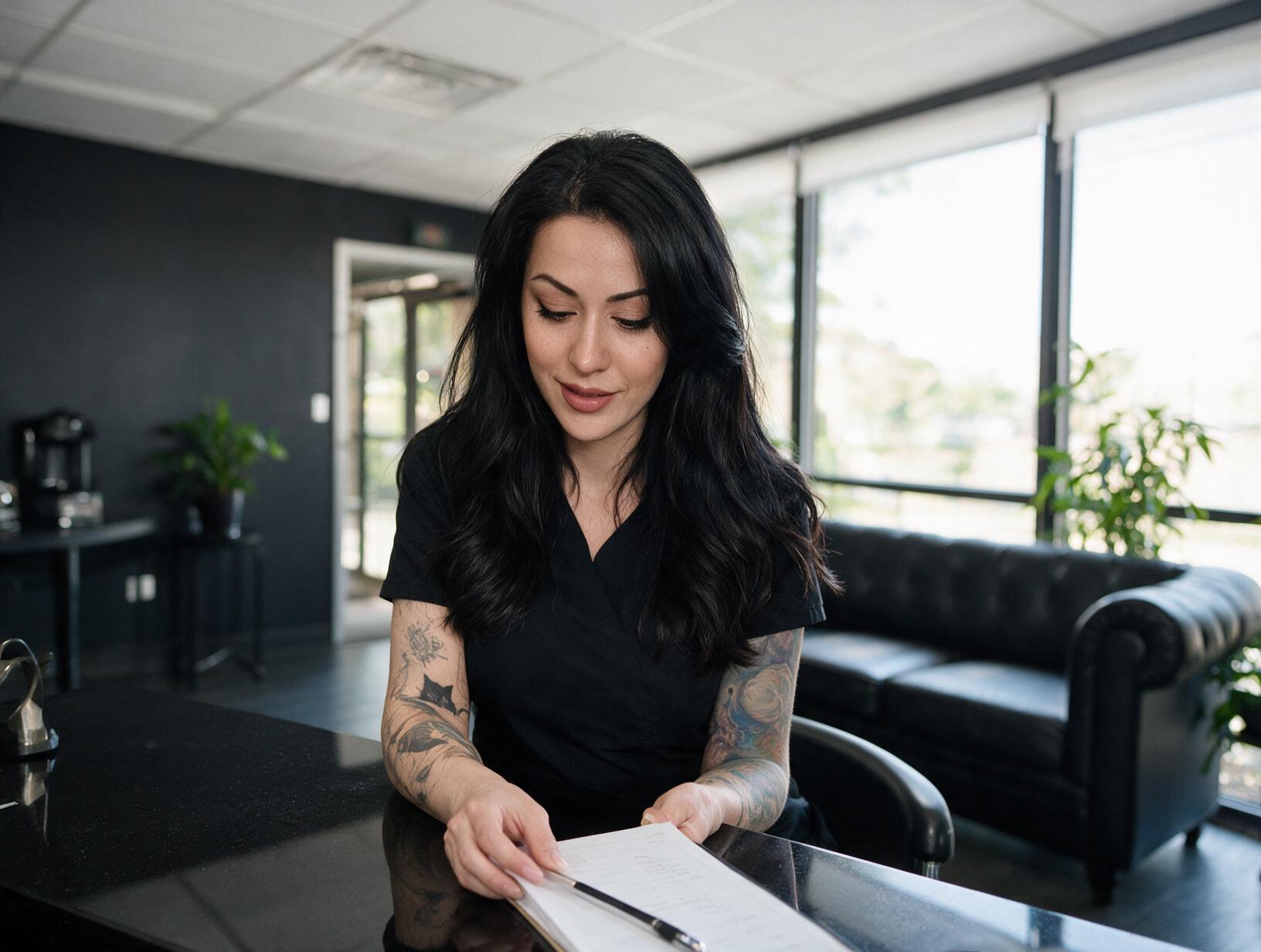 Tattooed woman with long dark hair in black scrubs looks down at papers at a dark desk