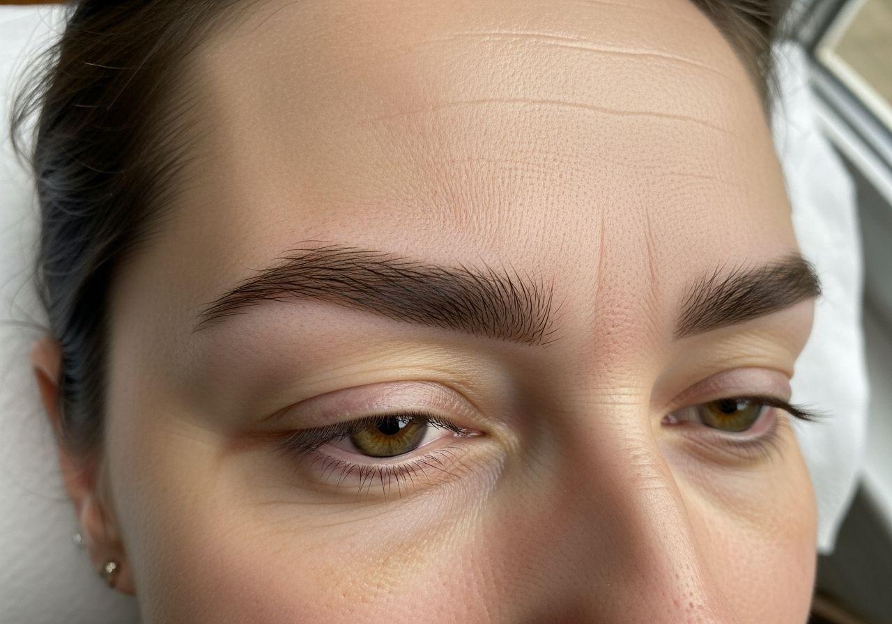 Close-up of a woman's face showing natural, hair-stroke style eyebrows, hazel eyes and a small stud earring