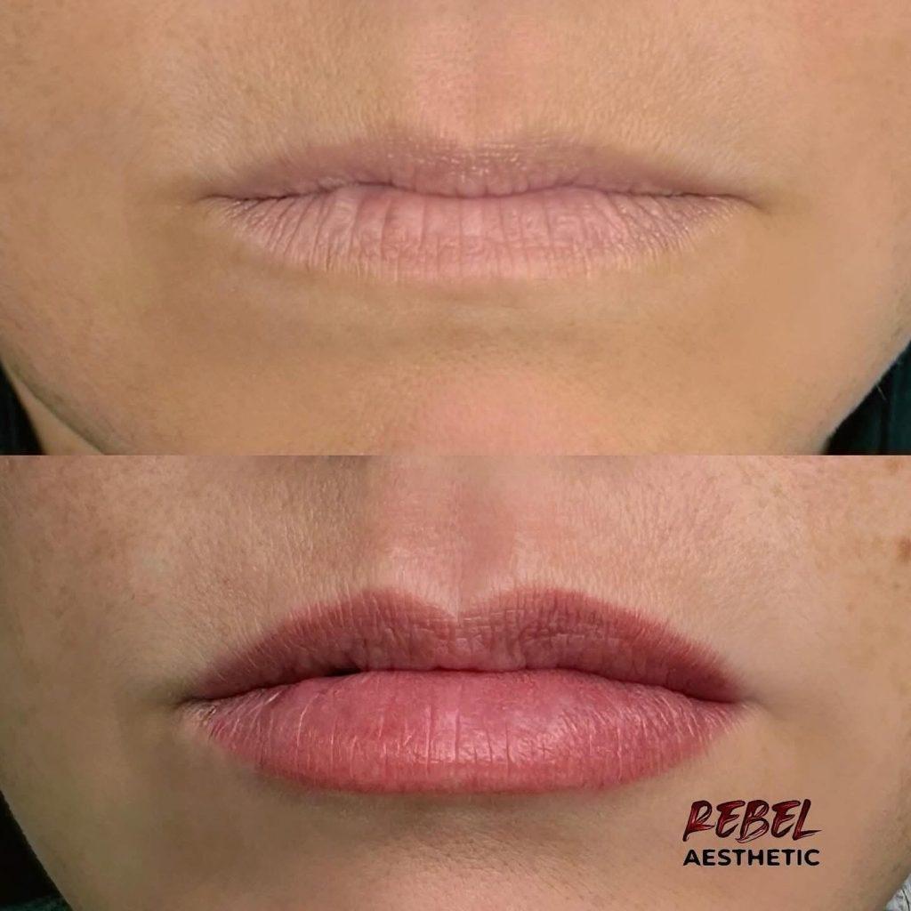 Before and after close-up of lips: pale, low-color lips above, then softly defined rosy-red tinted lips below