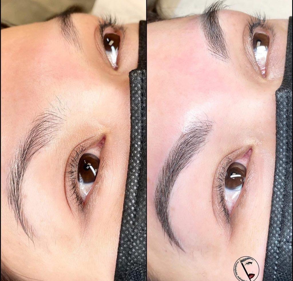 Before and after of a client's eyebrow, sparse and light on the left, fuller with a soft shaded gradient on the right