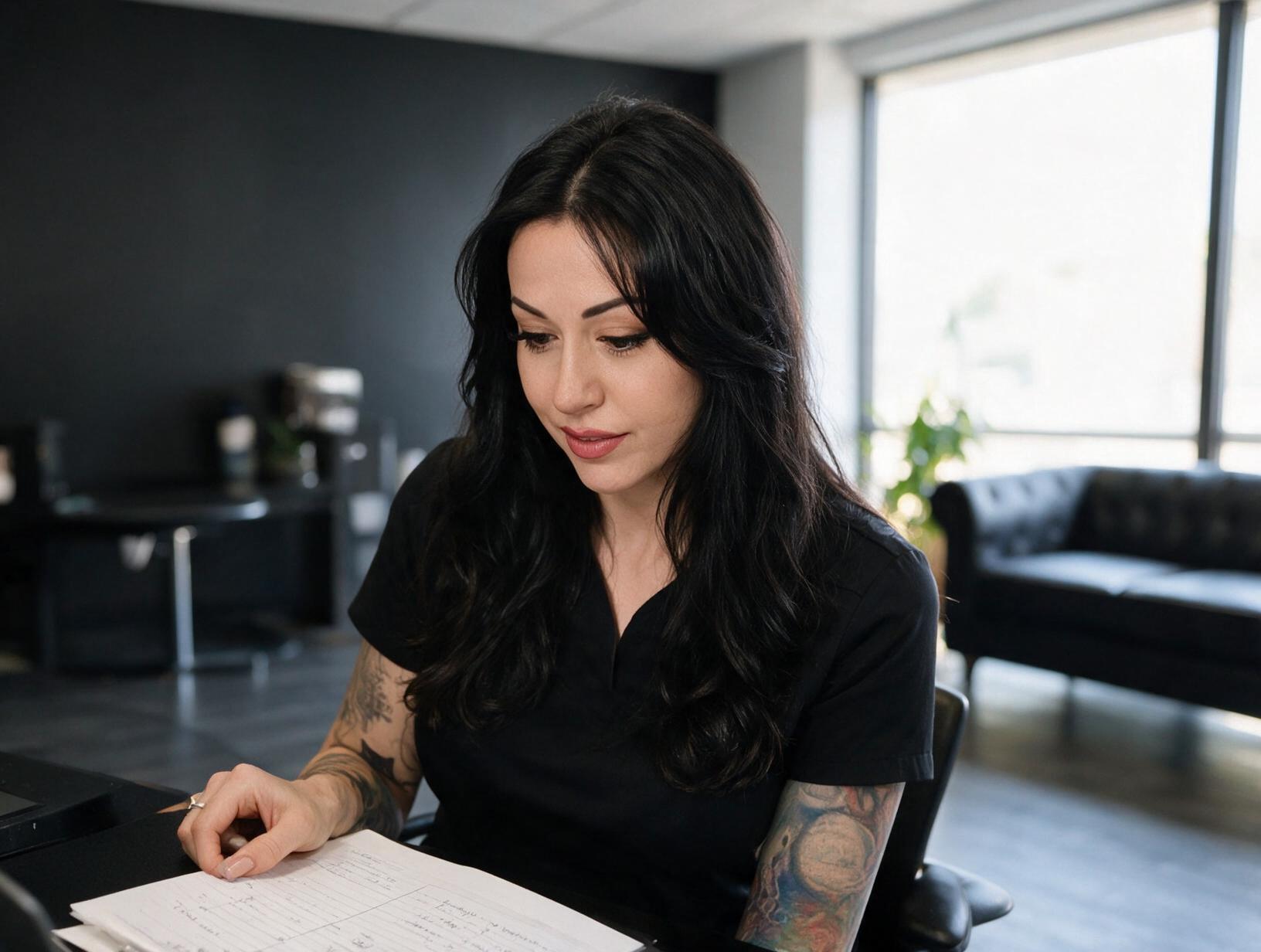 Tattooed woman with long dark hair in black scrubs looks down at handwritten notes at a desk in a bright room with a black