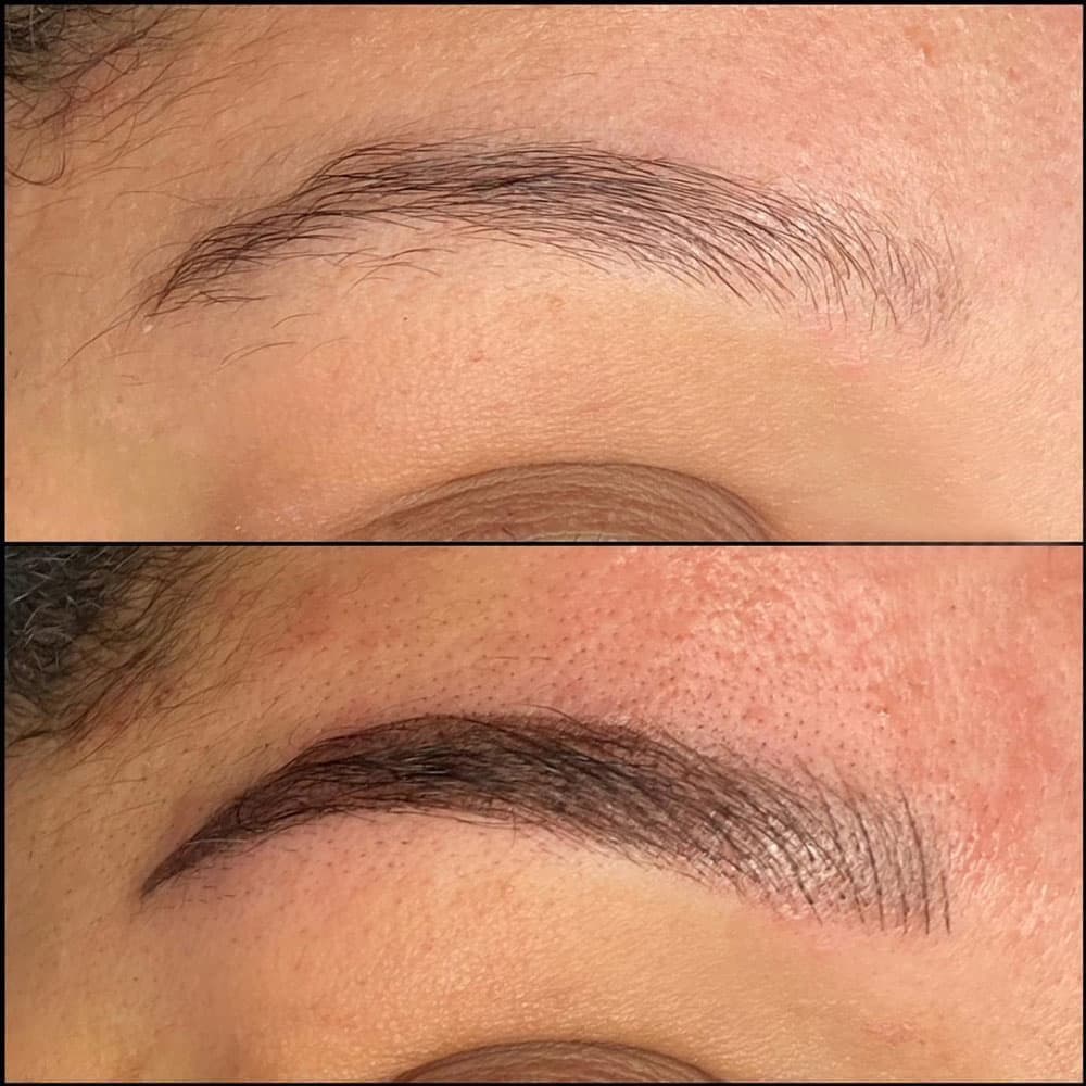 Close-up before and after of an eyebrow: sparse natural brow above, fuller brow with fine hair-like strokes below.