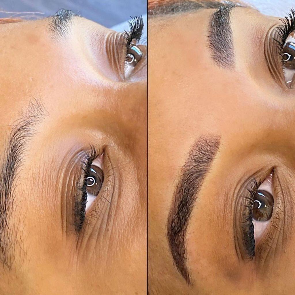 Side-by-side close-up of a brow before and after, the right showing a soft, powdered, shaded brow with a darker tail.