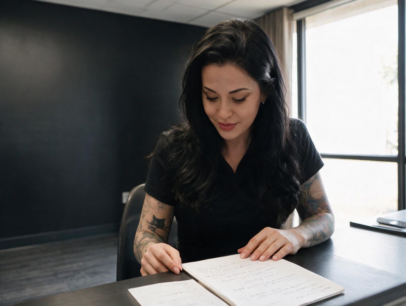 Woman with long dark hair and tattooed arms, in a black top, looks down at open notebooks on a dark desk by a bright window.