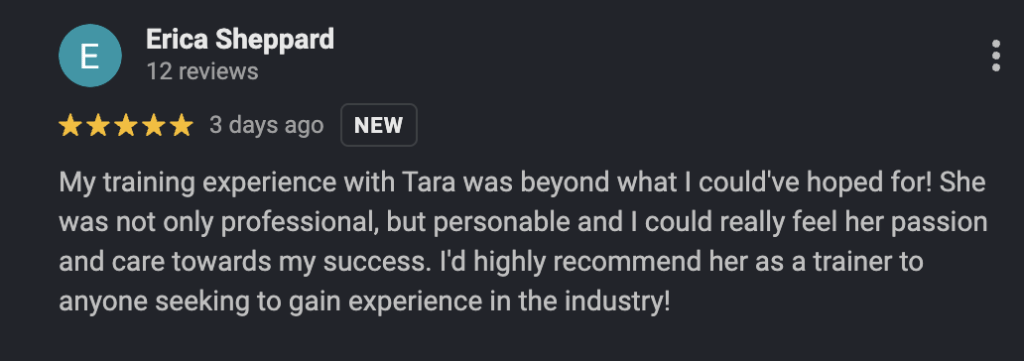 Google review from a Rebel Aesthetic student 1