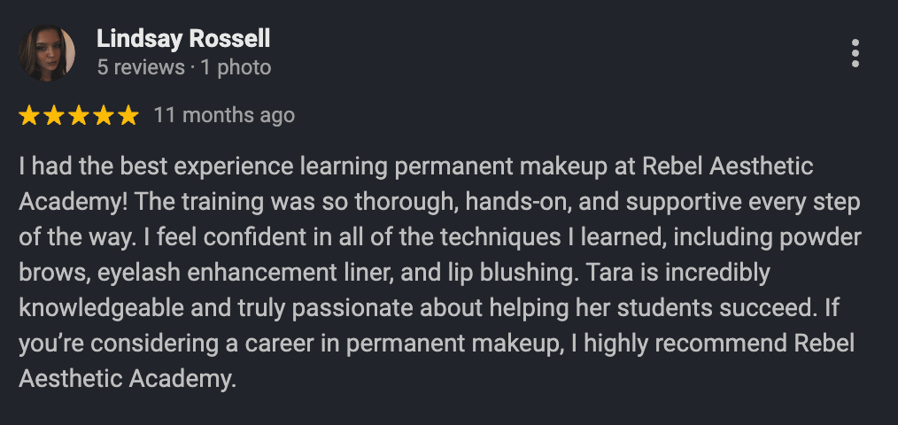 Google review from a Rebel Aesthetic student 2