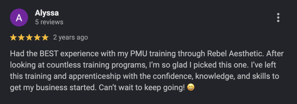 Google review from a Rebel Aesthetic student 4