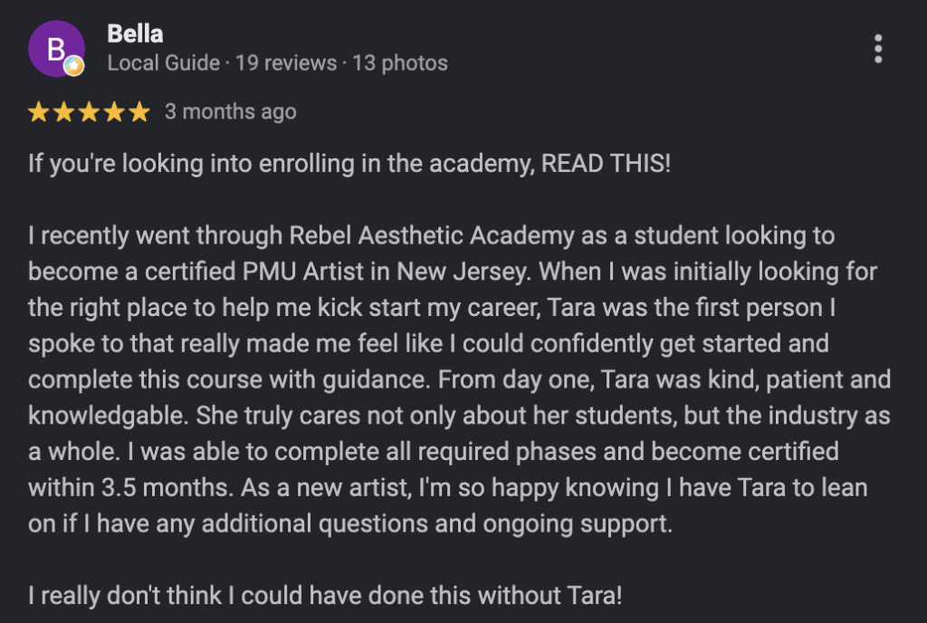 Google review from a Rebel Aesthetic student 3