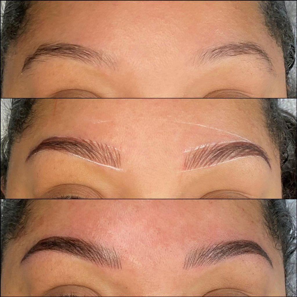 Brows before, during and after permanent makeup at Rebel Aesthetic