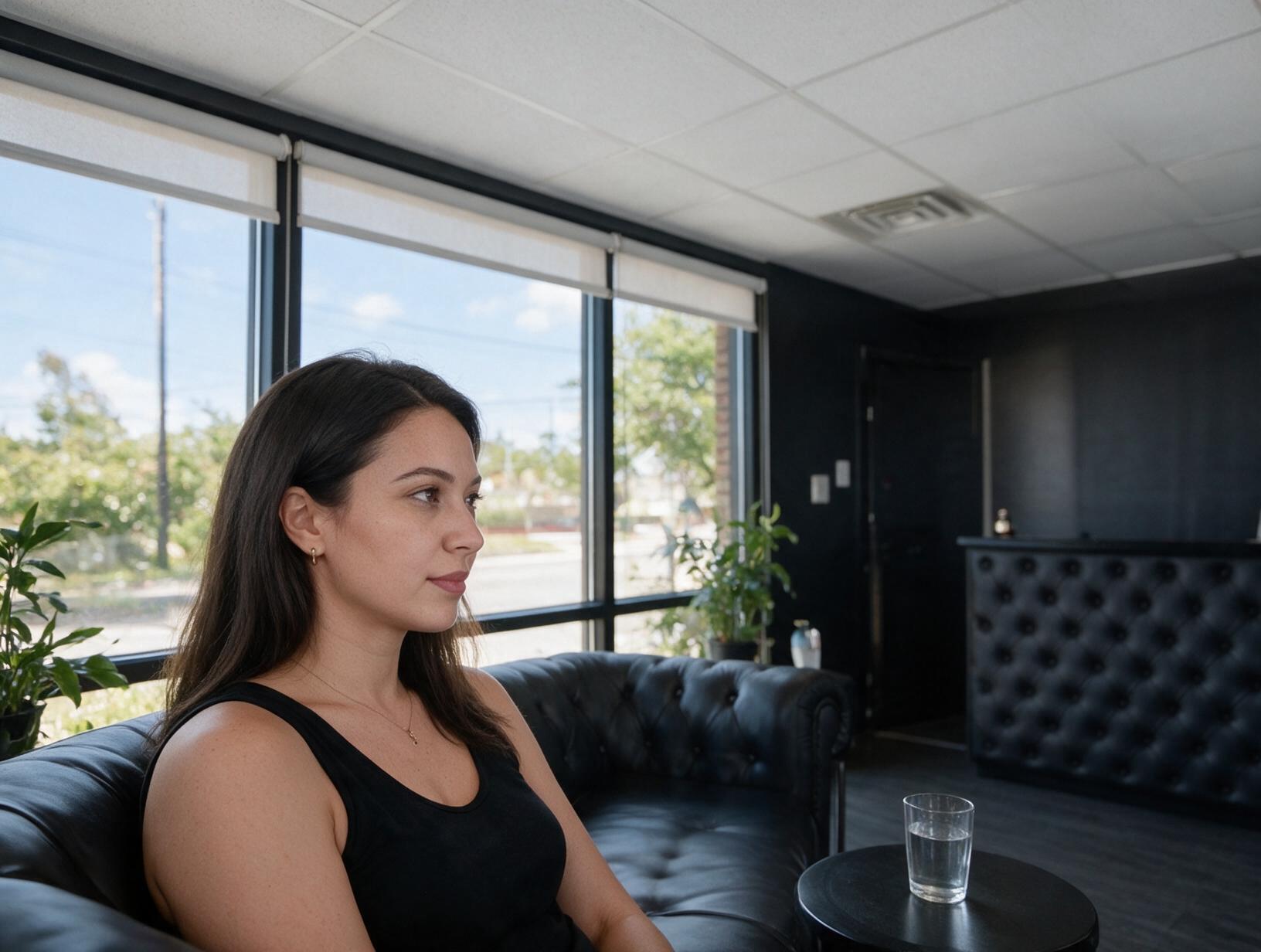 Woman in a black tank top sits on a black leather sofa in a waiting area, looking out a large window