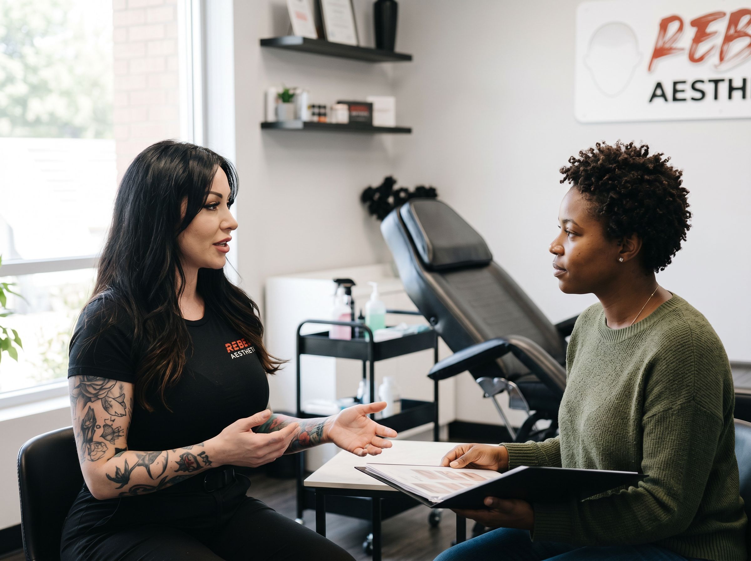Practitioner with arm tattoos in black shirt discusses treatment with client in olive sweater at consultation table in