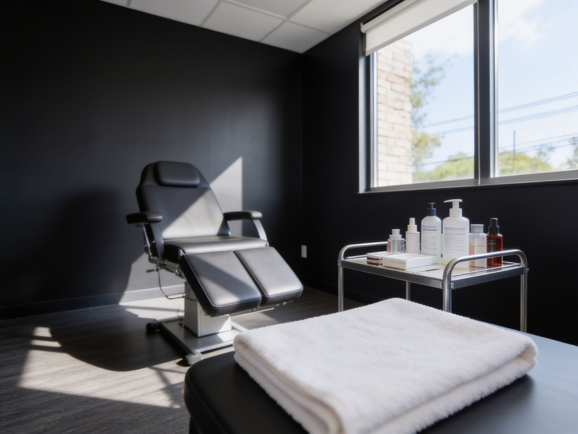 Modern clinic treatment room with black walls, medical chair, sterile supplies on metal tray
