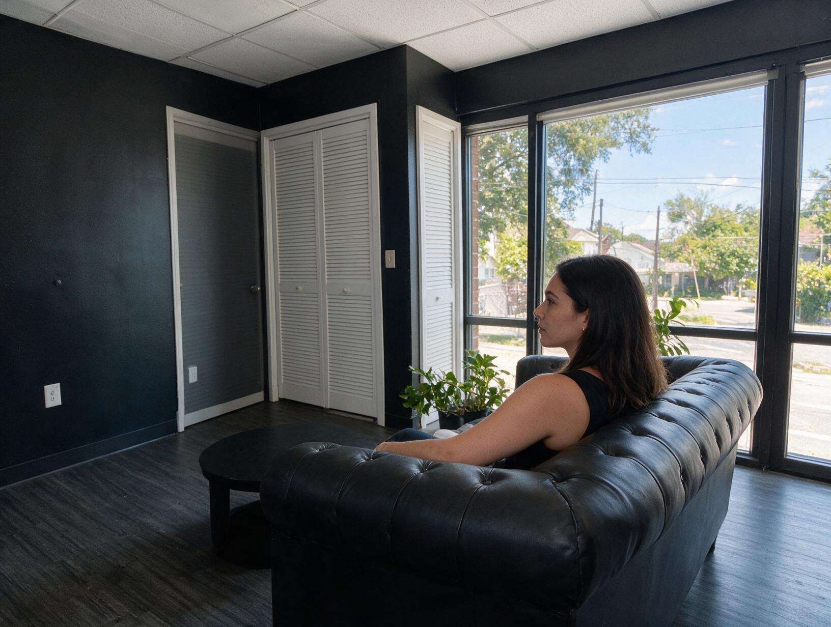 Woman with long dark hair sits on a black tufted leather sofa in a dark-walled room, looking out a large window.