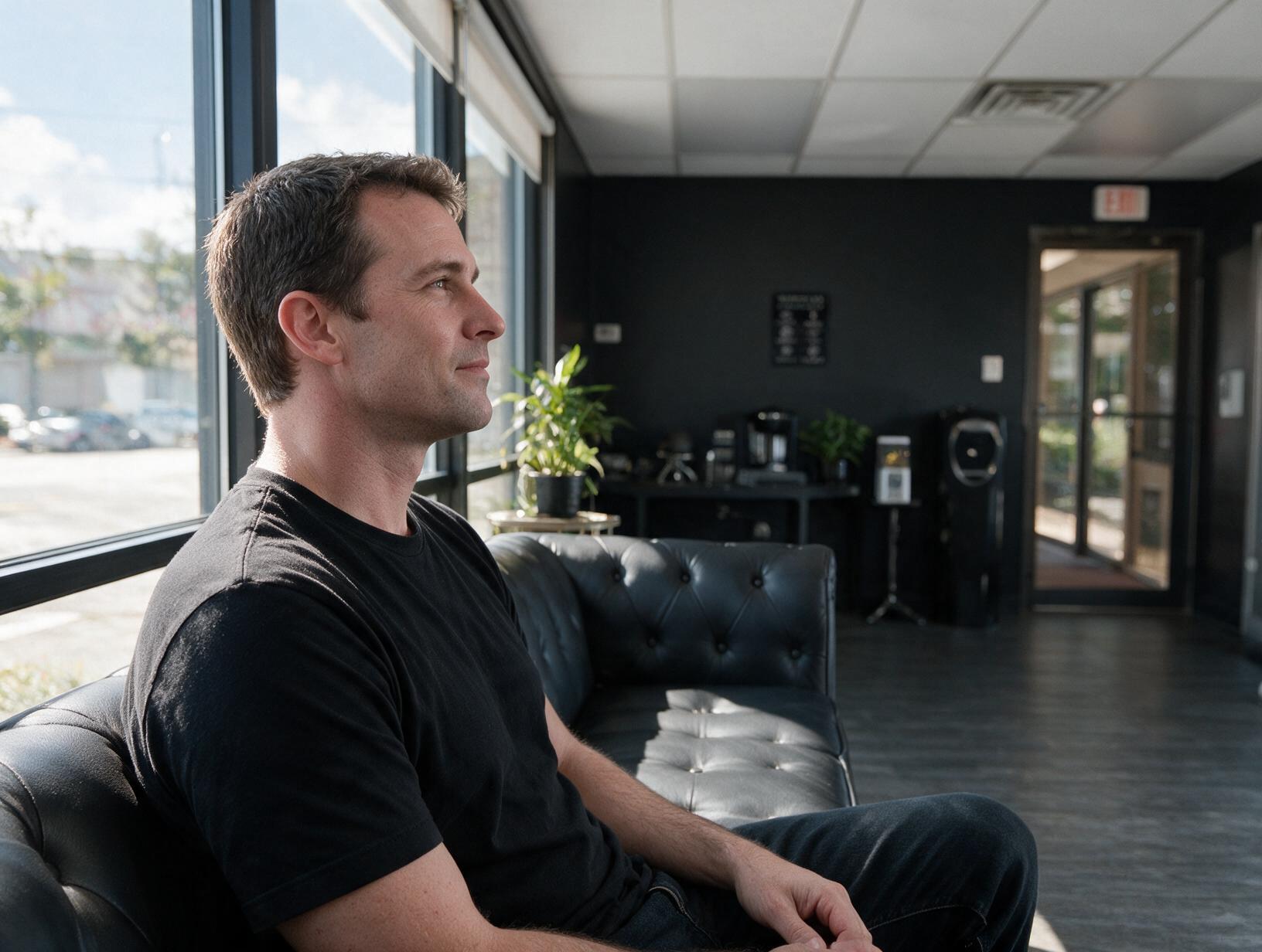 Man in a black T-shirt sits on a black tufted leather sofa in a waiting area, gazing out a large window in profile.