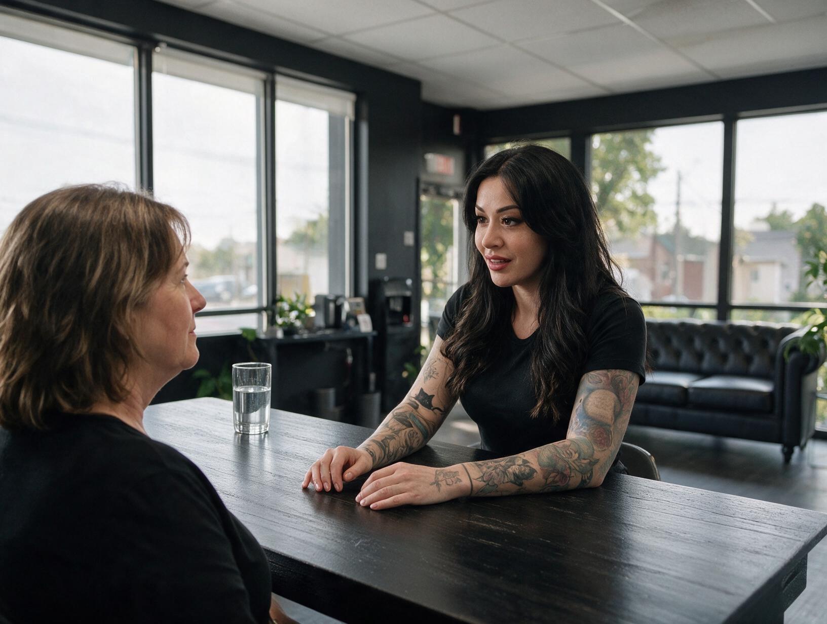 A tattooed woman with long dark hair talks with an older woman across a dark table in a bright room with a leather sofa.