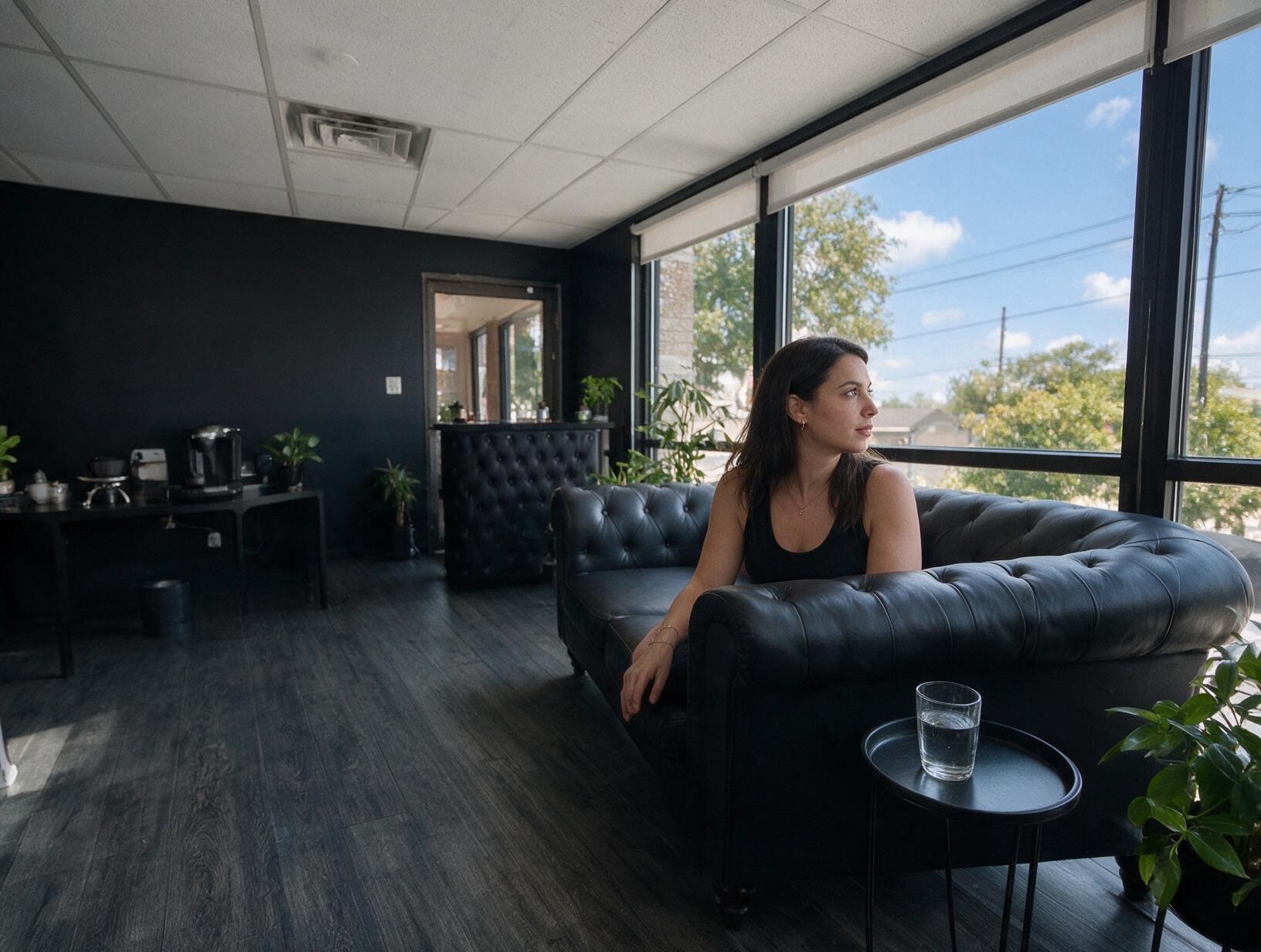 Woman with dark hair sits on a black leather sofa in a dark waiting area, looking out of large windows toward trees and sky.