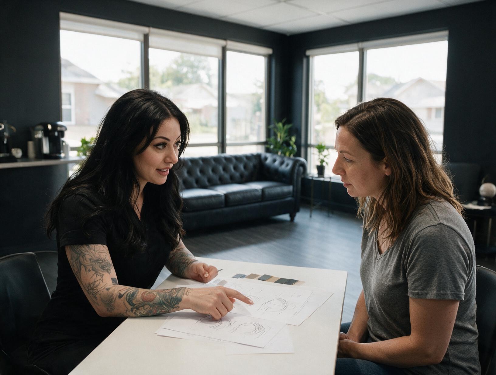 Tattooed woman with long black hair in a black top points at hairline sketches on a table while talking with a seated woman