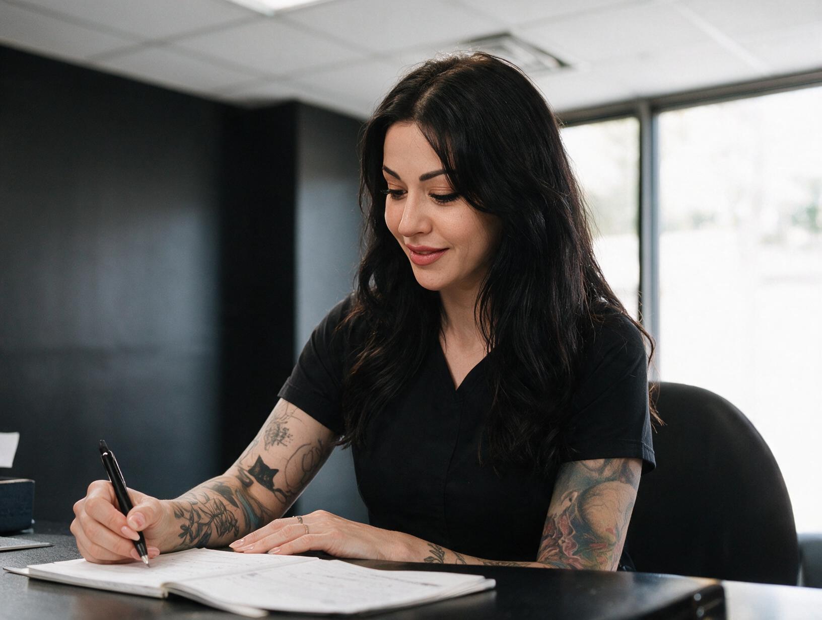 Smiling woman with long dark wavy hair and tattooed arms, in a black top, writing in a notebook at a desk by a bright window.