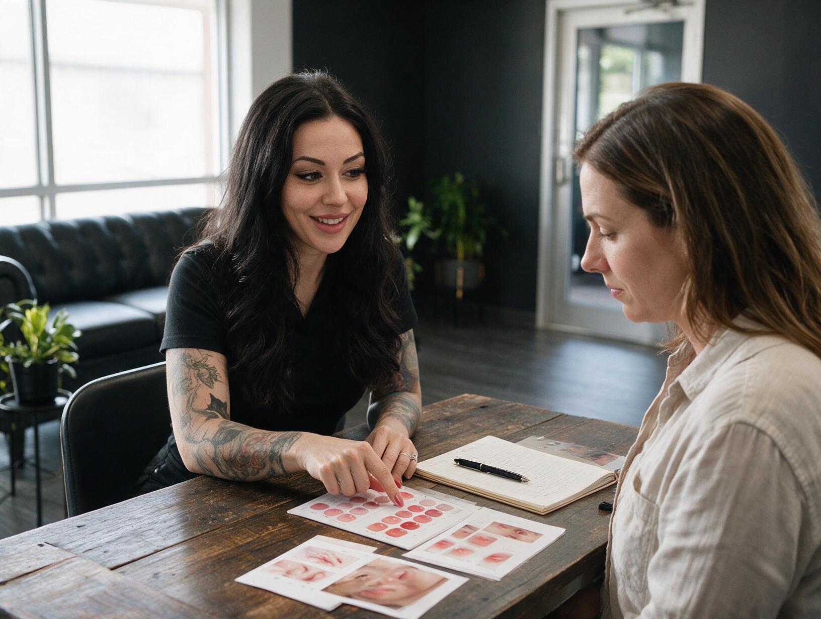 Tattooed woman with long dark hair in a black top points to lip colour cards on a wooden table while a client looks on.