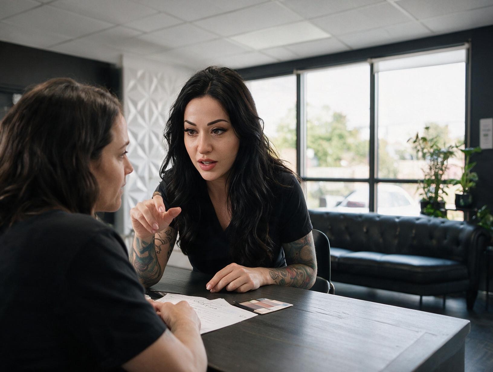 Tattooed woman with long dark hair in a black top talks with a client across a dark table in a bright room with a black sofa.