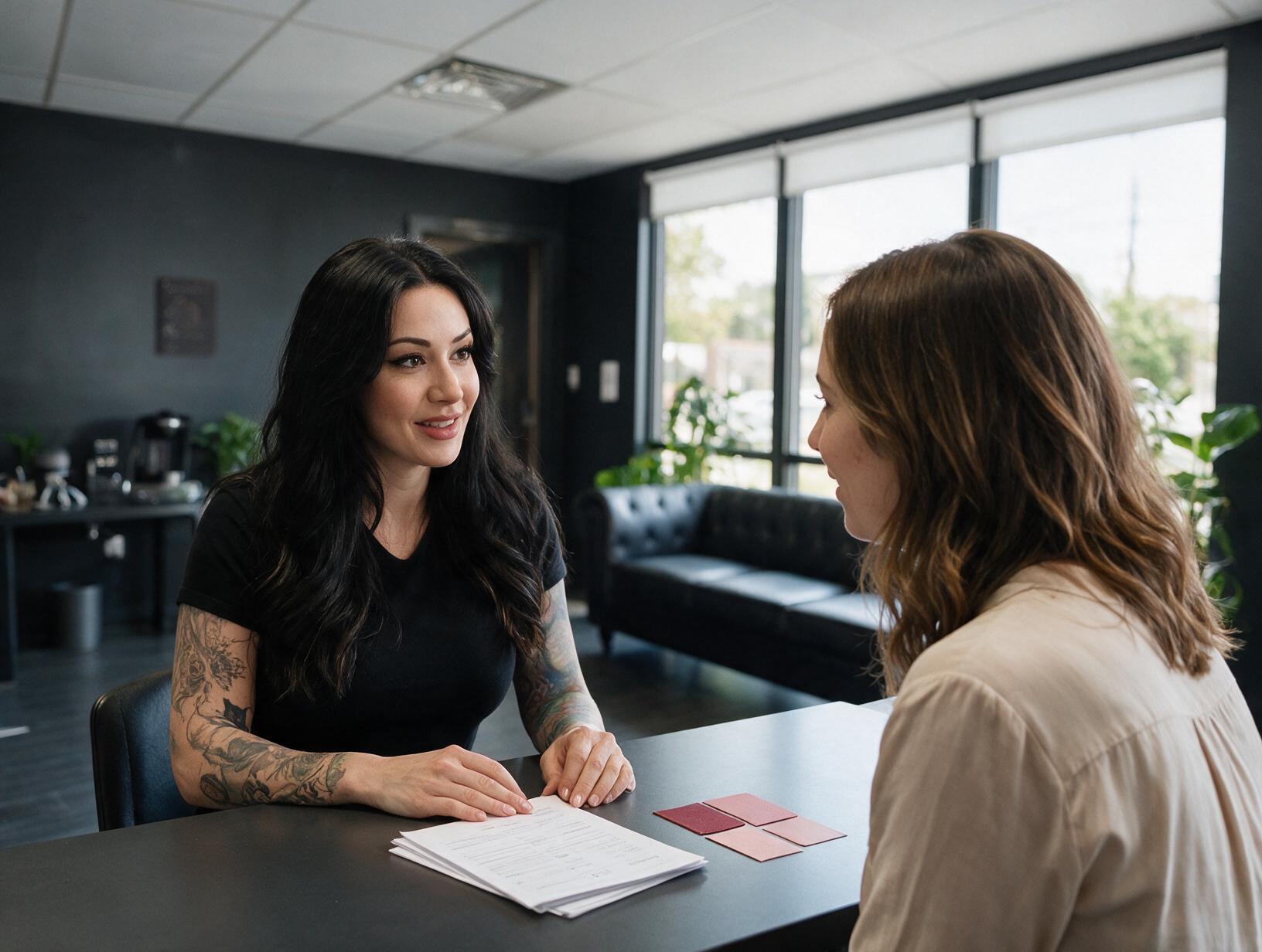 Tattooed woman with long dark hair talks with a client across a dark table holding papers and pink lip color swatches in a