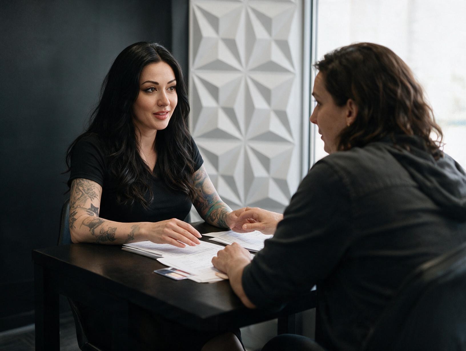 Tattooed woman with long dark hair in a black top talks with a client across a dark table with papers