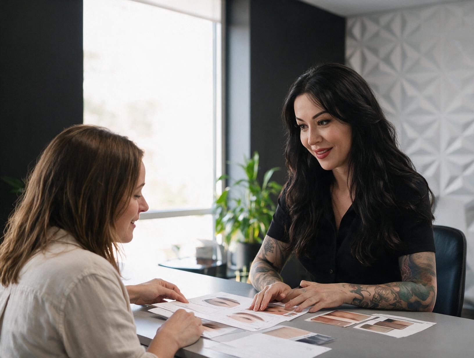 Tattooed dark-haired woman in black top smiles as she and a client review printed brow design sheets at a grey table by a