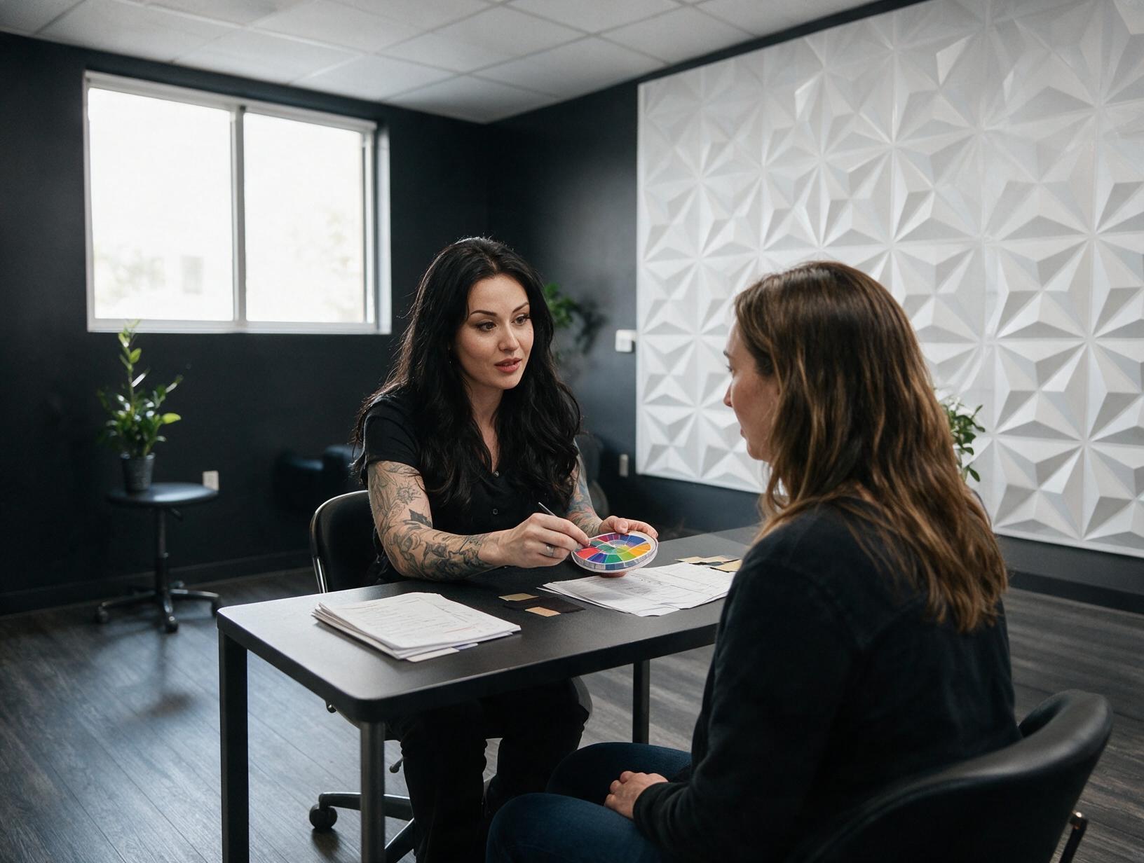 A tattooed woman with long dark hair holds a color wheel while talking with a client across a black table in a dark room.
