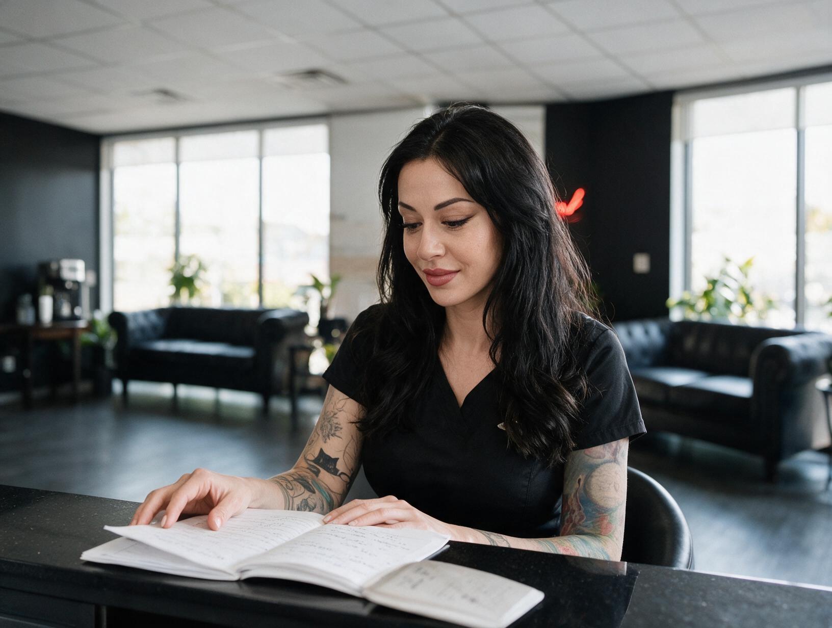 Woman with long dark hair and tattooed arms in black scrubs reads an open notebook at a dark counter in a bright lounge