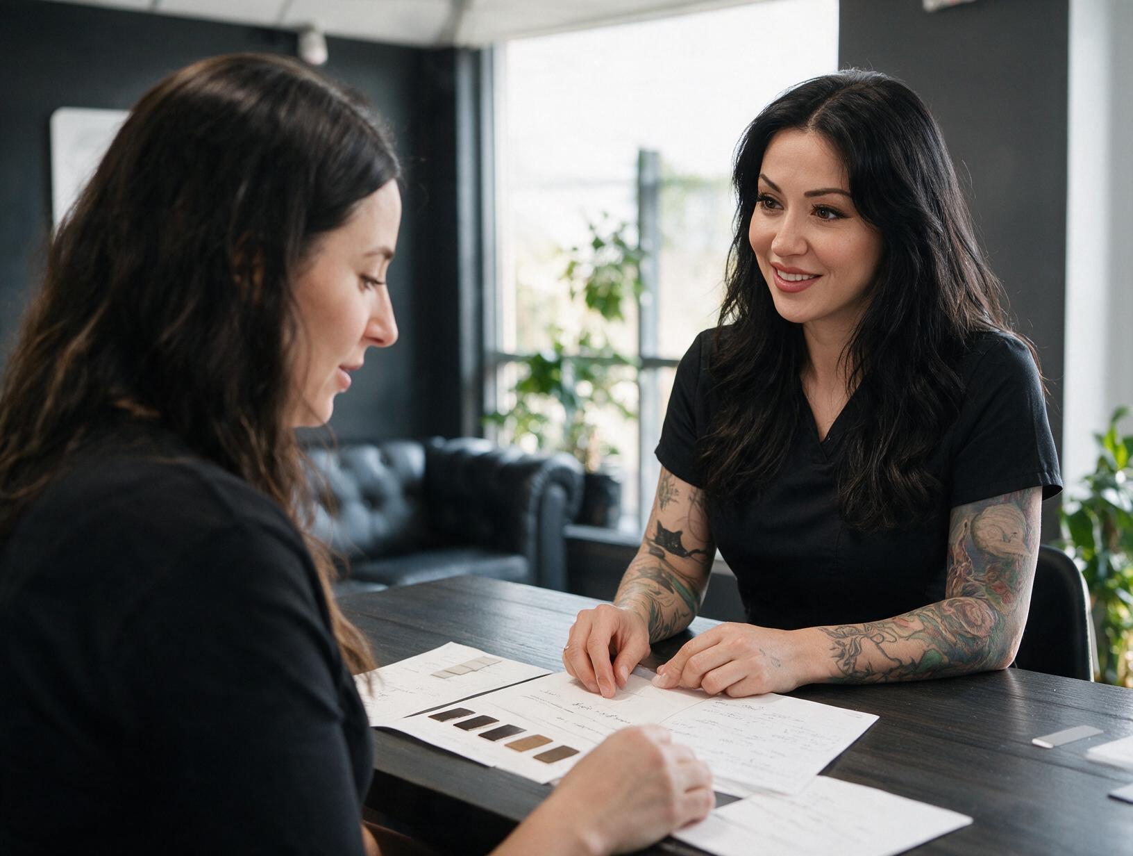 Smiling tattooed woman in black scrubs reviews brow pigment swatches and papers with a client at a dark table.