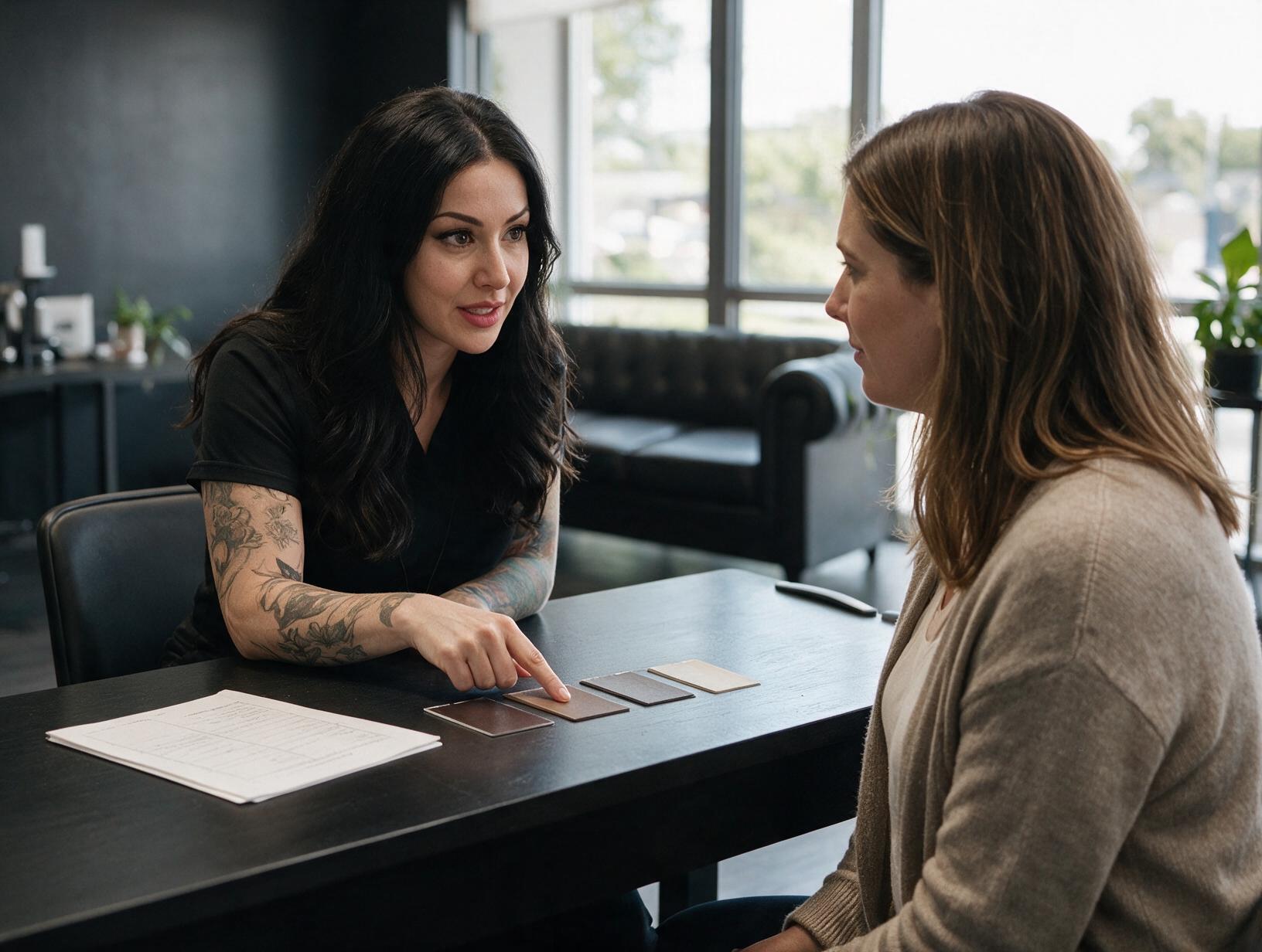 Tattooed dark-haired woman in black scrubs points to brown shade swatches on a desk while talking with a seated client.